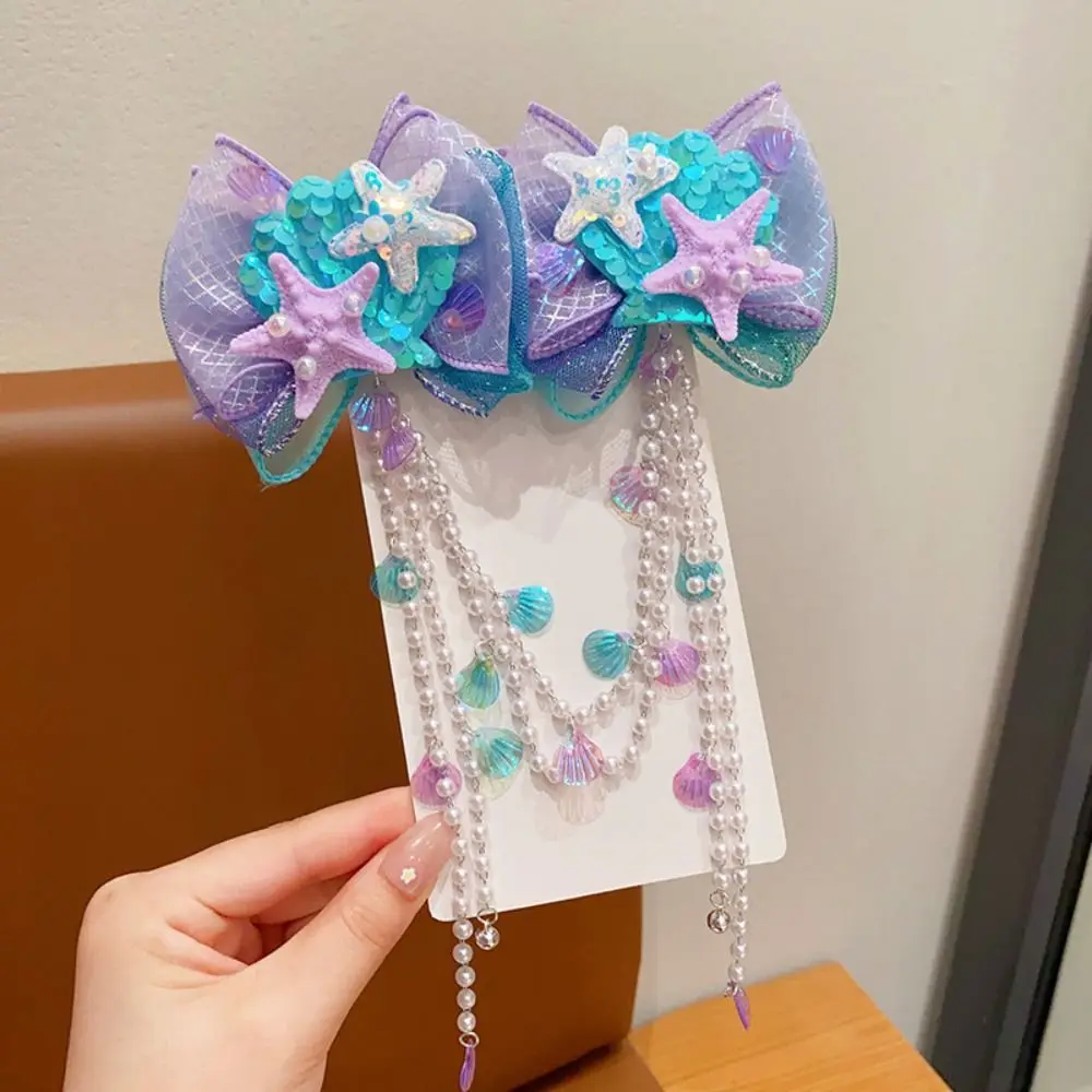 High Quality Cute Hair Clip Sweet Creative Tassel Forehead Chain Mermaid Pearl Fairy Barrett for Children