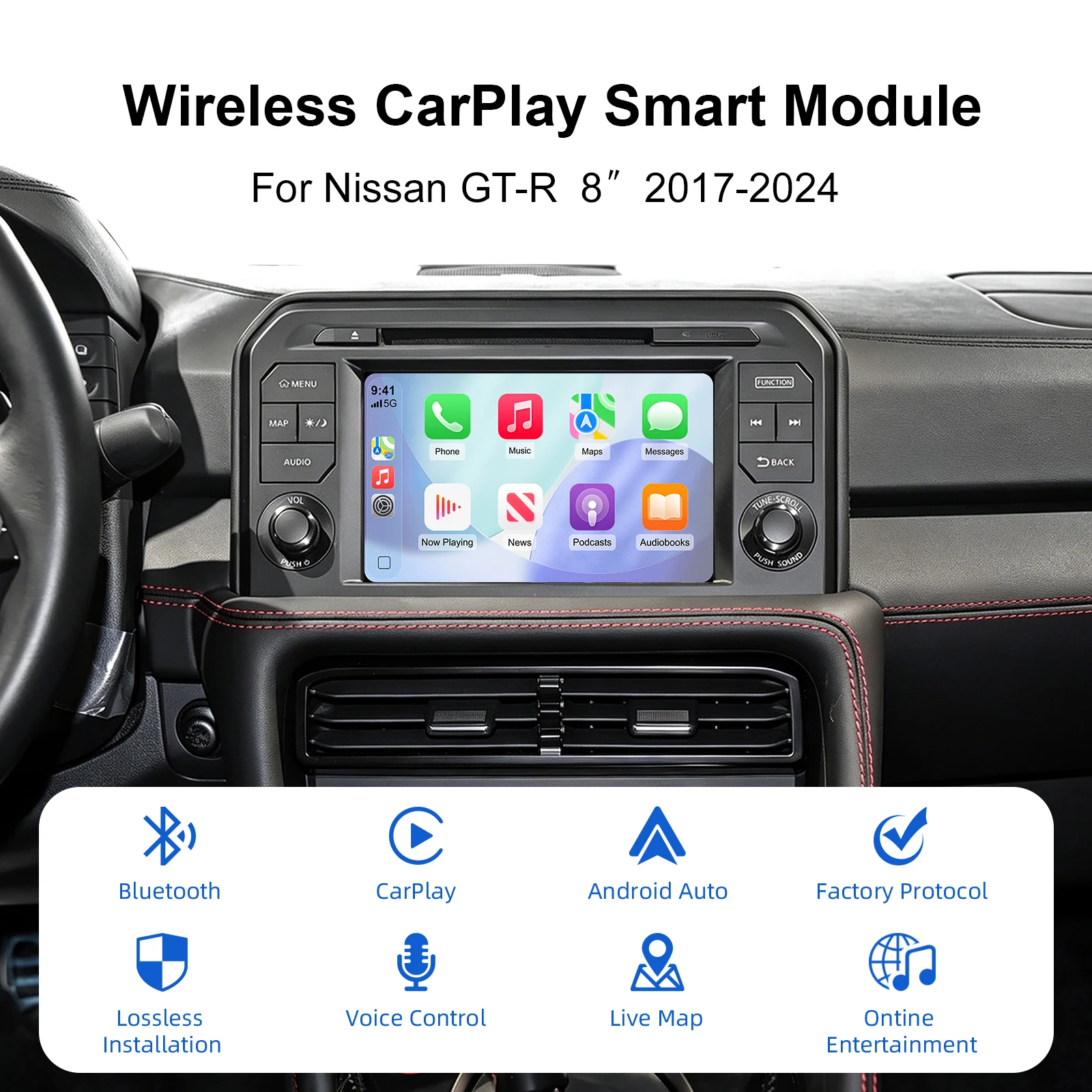 Wireless&Wired CarPlay Android Auto Decoder Box for Nissan GTR R35 2017-2024 8 Inch Screen OEM Factory Infotainment Upgrade Kit