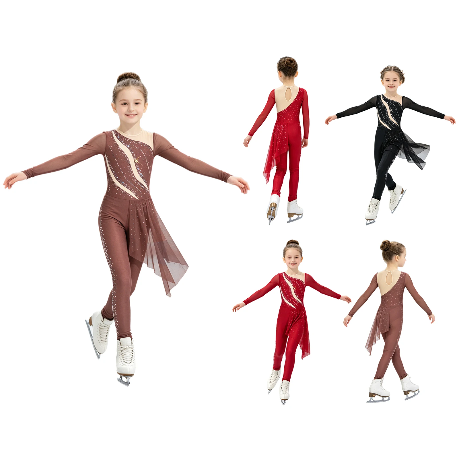 Girls Figure Skating Rhythmic Gymnastics Performance Costume Ballet Dance Leotard Long Sleeve Shiny Rhinestone Mesh Jumpsuit