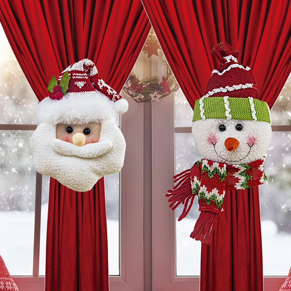 1/2pcs Rustic Christmas Ornaments - Santa Claus & Snowman Curtain Clips with Red Plaid Bows, Durable Holiday Decor for Windows