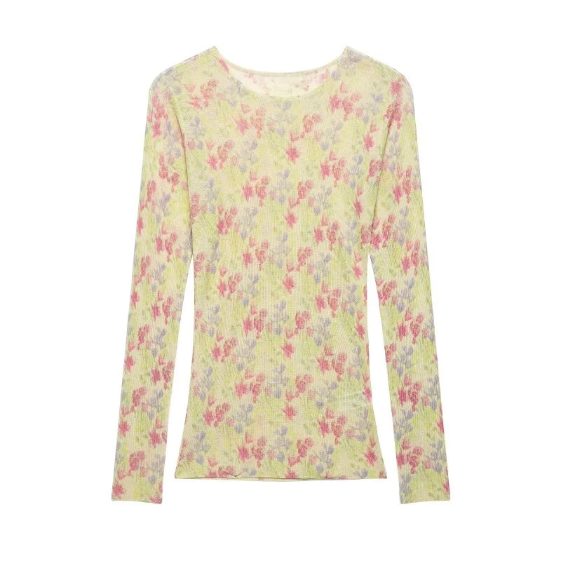 Haut à manches longues pour femme, style Y2K rétro, col rond, maille transparente, imprimé floral, coupe ajustée, streetwear, idéal pour les jeans et le quotidien