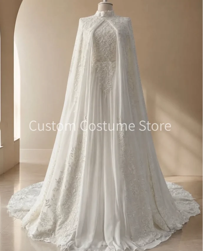 Luxury Two Pieces Islam Modest Wedding Dresses With Cape Wrap High Neck Hijab Henna Caftan Bride Gown Outfit customized