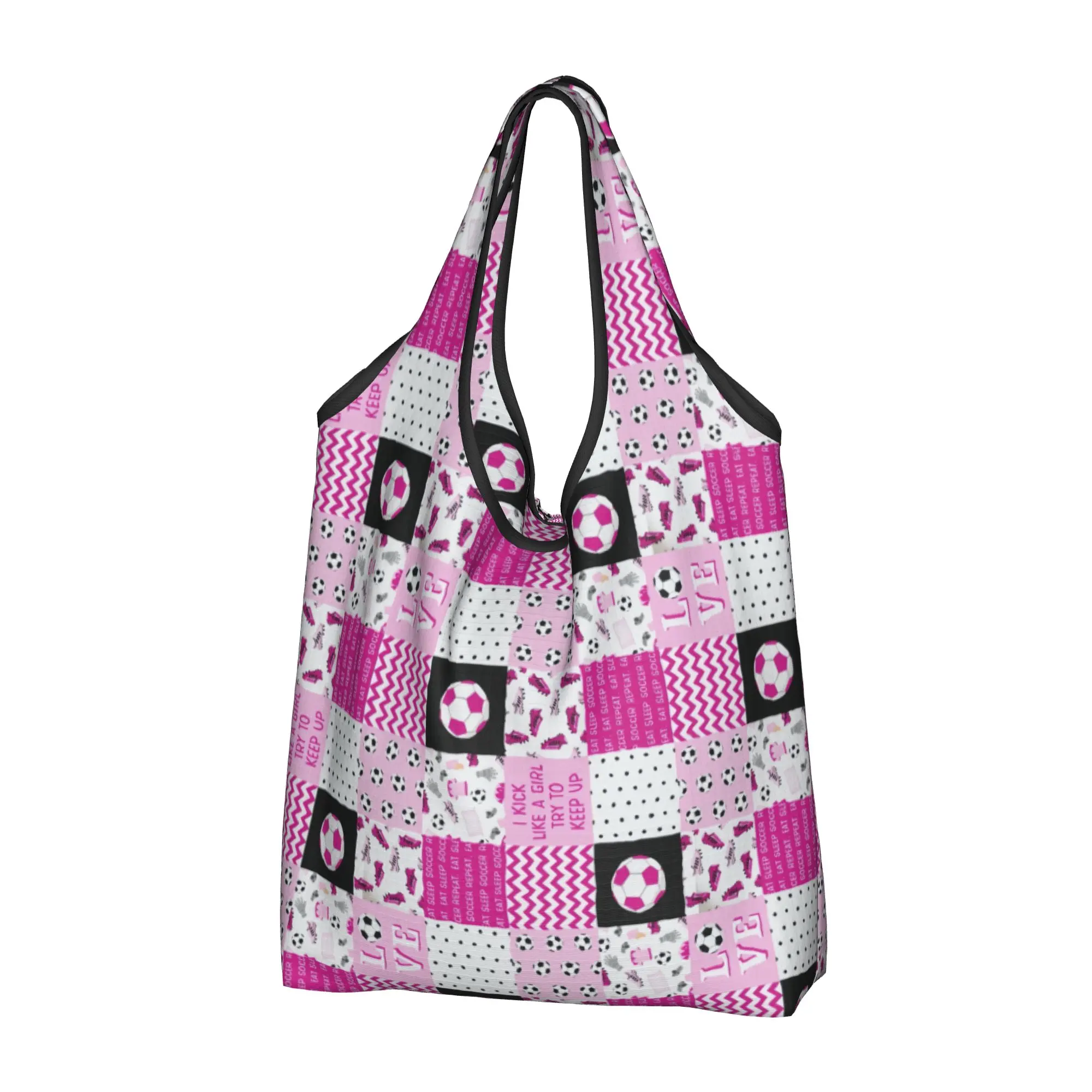 Custom Soccer Bright And Pastel Pink  Shopping Bags Women Portable Big Capacity Grocery Footbally  Shopper Tote Bags