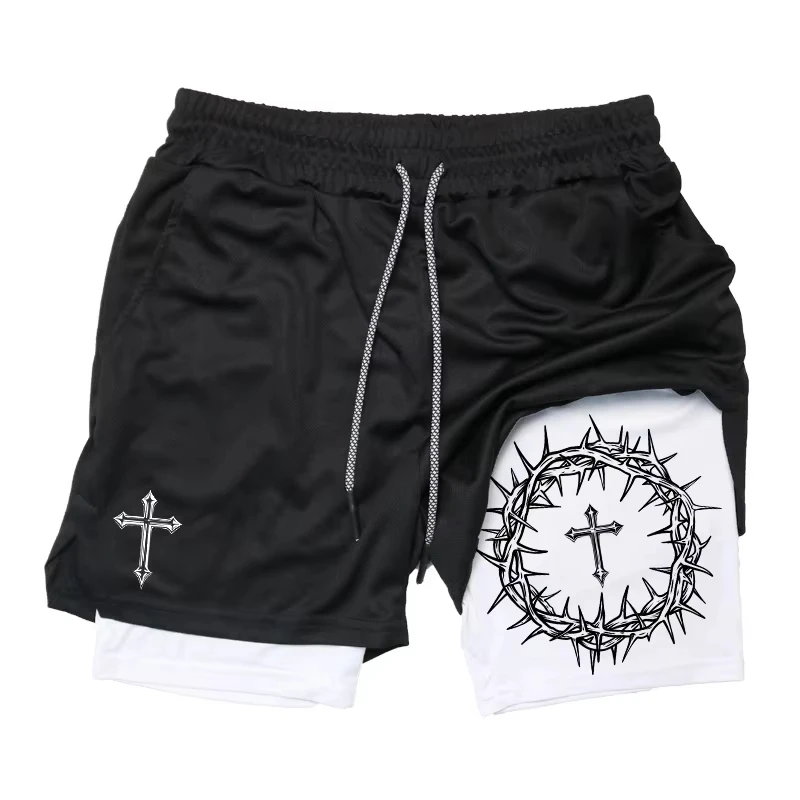 

Cross Print 2 in 1 Workout Running Shorts for Men Christian Gym Performance Shorts with Phone Pocket Towel Loop Athletic Outfits