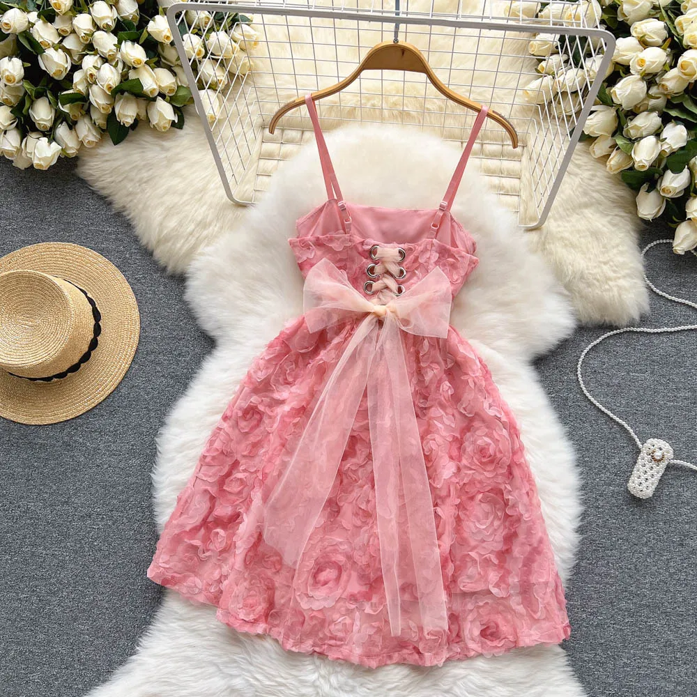 Romantic 3D Petal Pink Dress Feminine Sweet First Love Waist Cinched A-Line Skirt Commute Style Polyester Fiber Short Dress