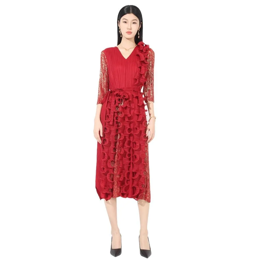 プリーツオーラエンボスVネックレディースドレス,シック,フリルトリム,ウエスト,ルーズ,ミヤケ服,春,新しいコレクション,2022