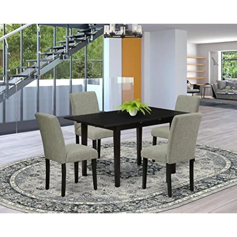 Norfolk 5 Piece Set includes a Rectangle Dining Room Table with Butterfly Leaf and 4 Shitake Linen Fabric Upholstered Parson