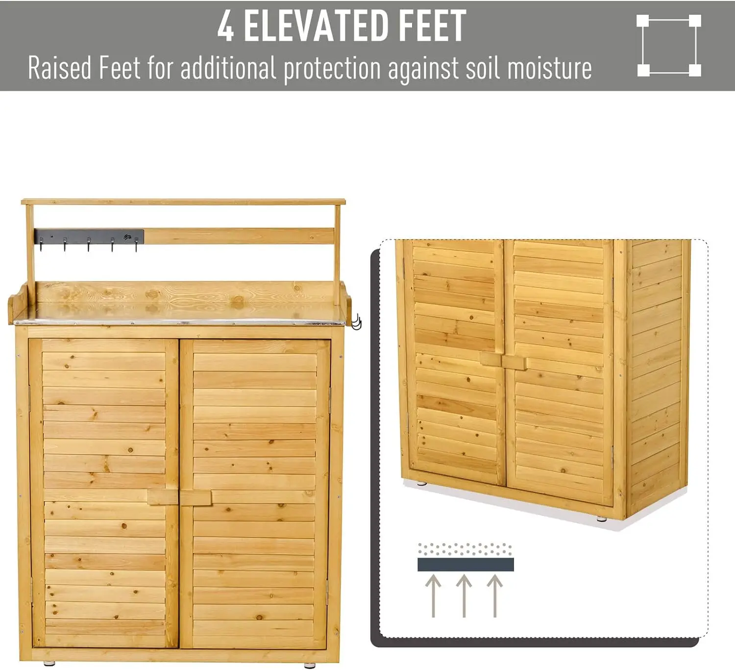 Nicbex 47,25" Outdoor-Topfbank mit Tischplatte, Haken, 3-stufigen Regalen, Schrank und 2 magnetischen Schließtüren für den Außenbereich