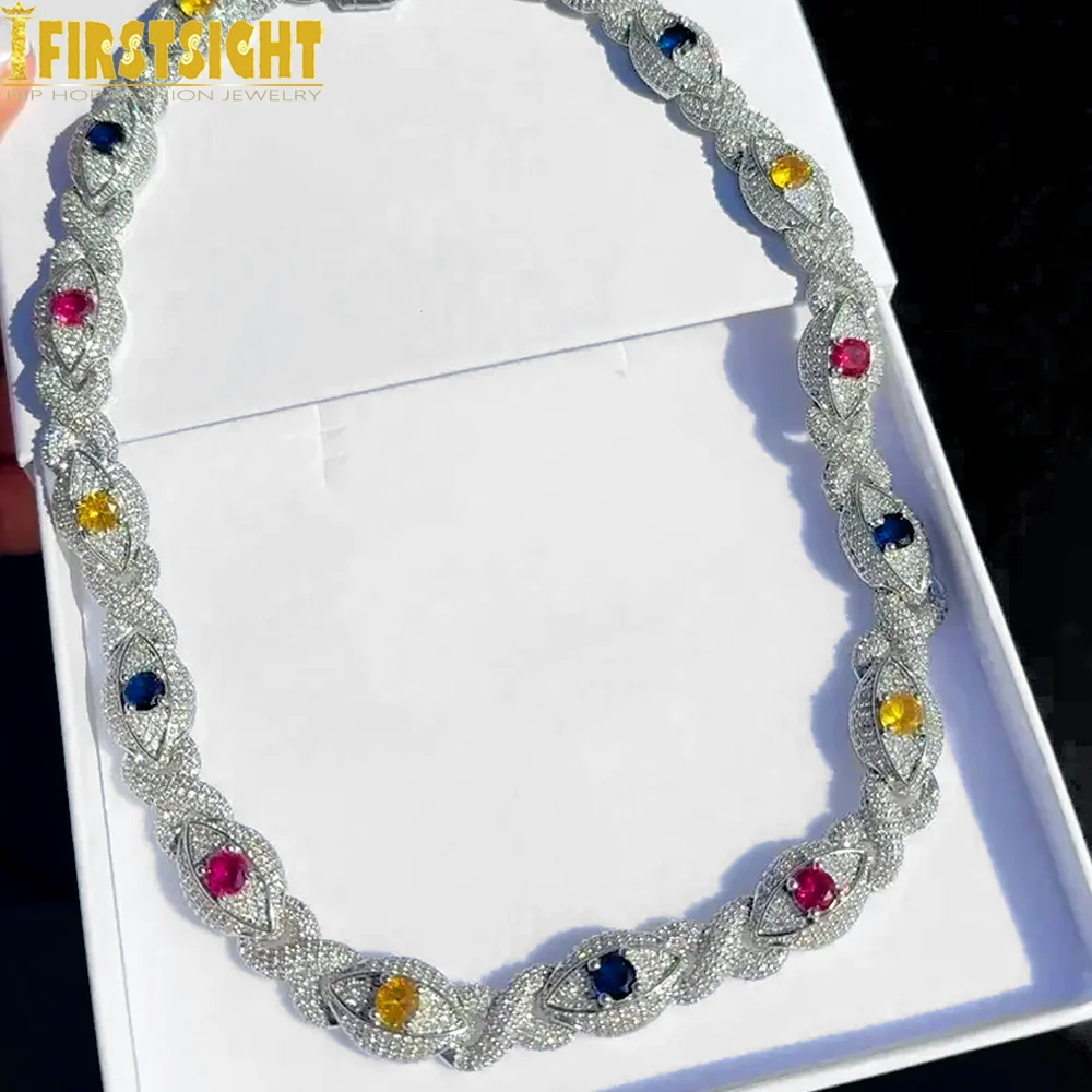 

New Iced Out Multi Color Eyes Infinity Link Chain Necklace Micro Paved Cubic Zirconia Charm Cuban Link Men Hip Hop Jewelry