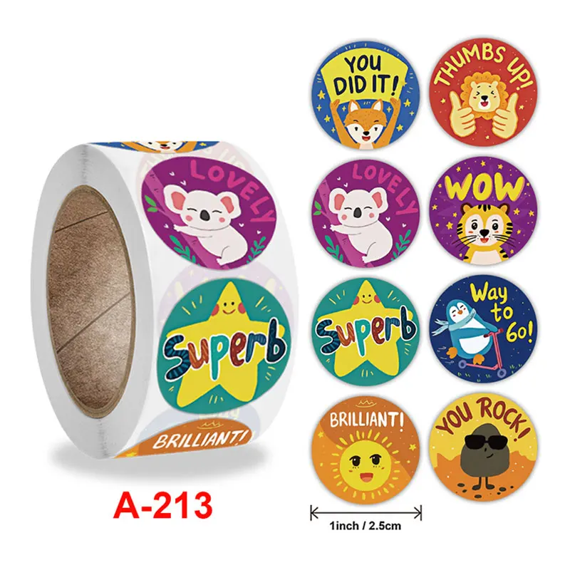 500Pcs Cartoon Stationery Sticker Label Student Motivational Encourage Reward Animal Adhesive Decals Roll Children Kids Gift