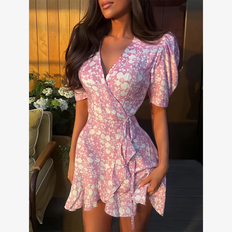 Chic Printed Slim Fit Mini Dress Women Elegant V-neck Puff Short Sleeves Waist Cinching Dresses 2026 Summer Lady Party Robes New