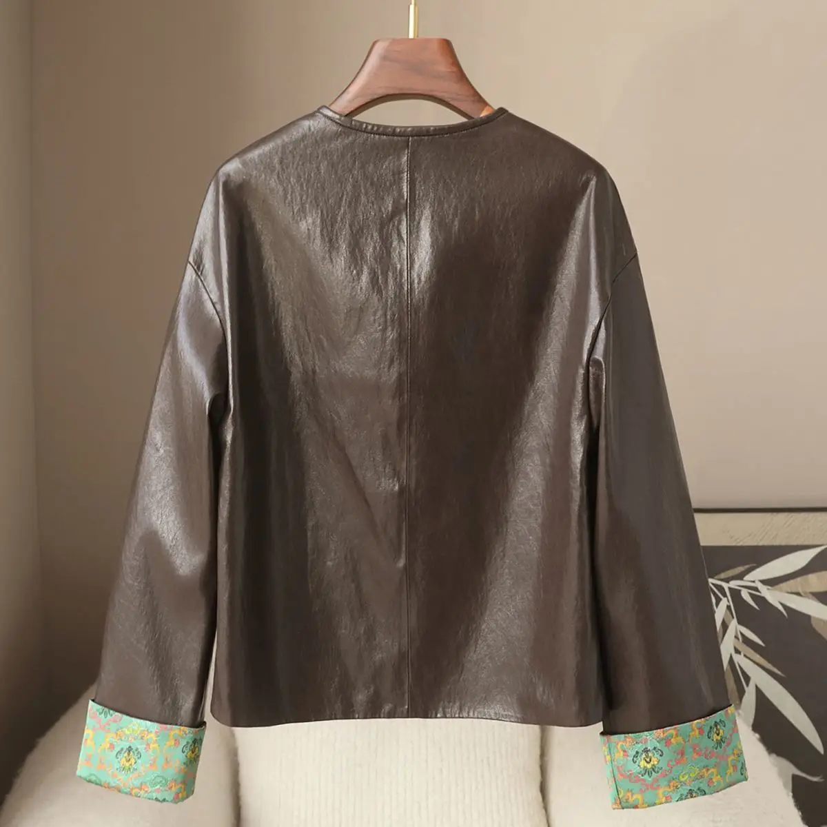 Spring New Fashionable Round Neck Pu Leather Jacket Double-Sided Wearing Chinese Style Coat for Women