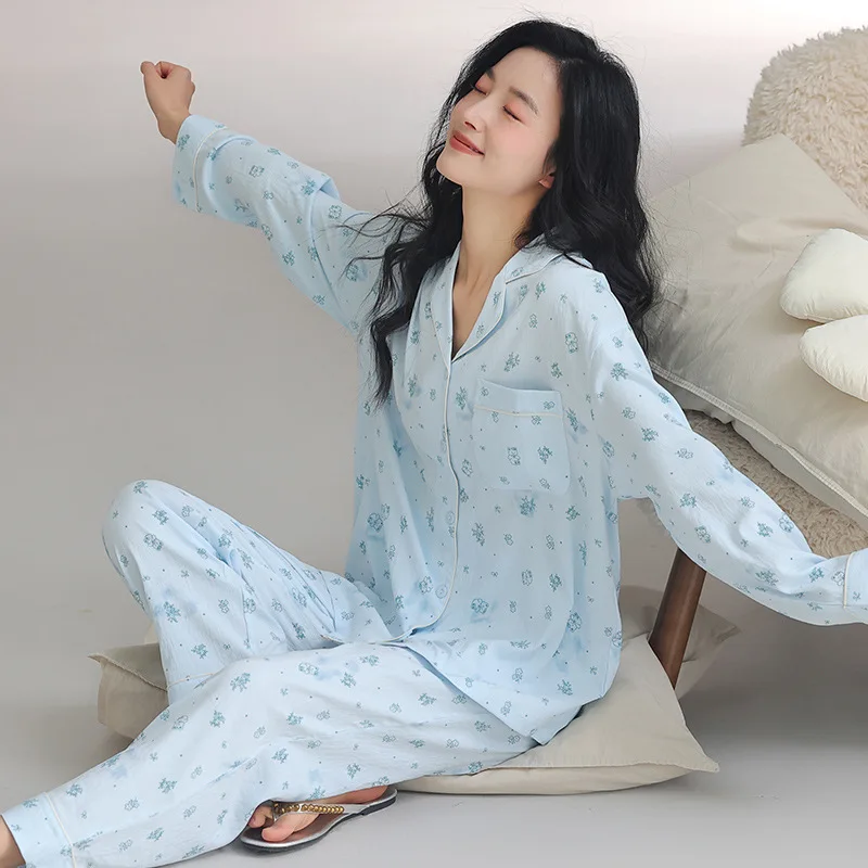 

Pajama Woman Winter Cotton Spring Autumn Home Clothes Lapel Shirt Pant Suit Casual Printed Sleepwear Set New Pyjamas Femme