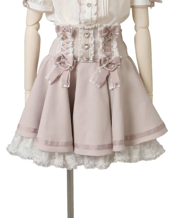 Niedlicher, süßer, mit Spitzen besetzter F-Rock mit abnehmbarem Knoten für Damen, Herbst, Neuankömmling, japanischer Stil, hohe Taille, A-Li...