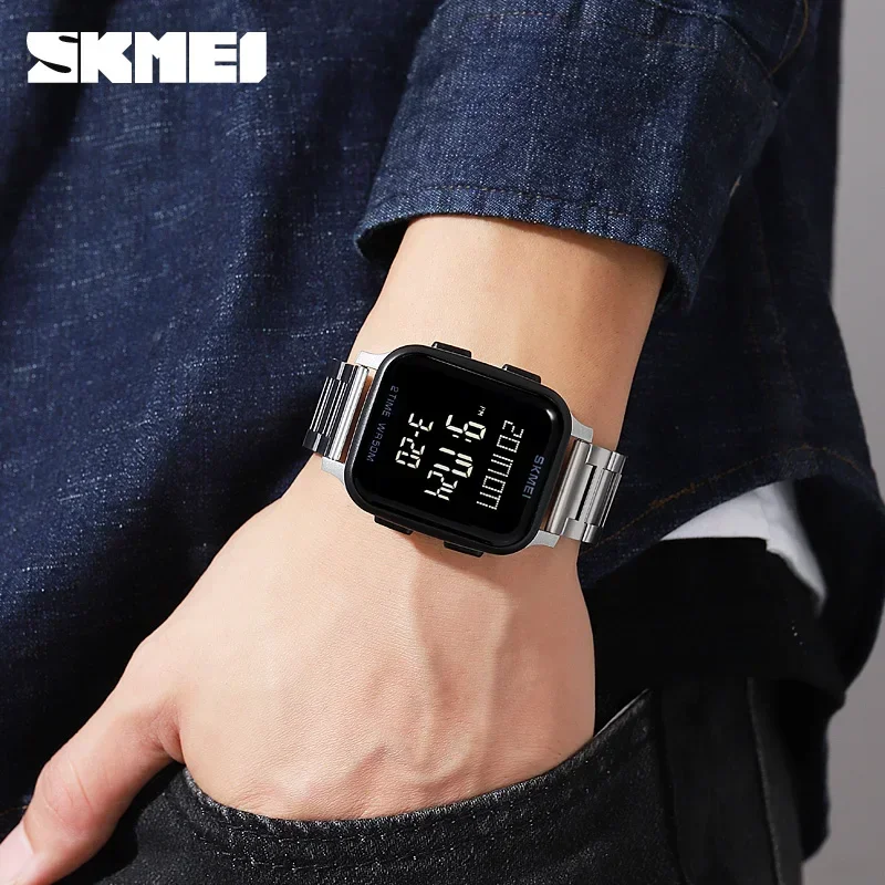 SKMEI-Reloj de pulsera electrónico para hombre, cronógrafo Digital de acero con LED, resistente al agua, para negocios y ocio, deportivo, 1859, 1858