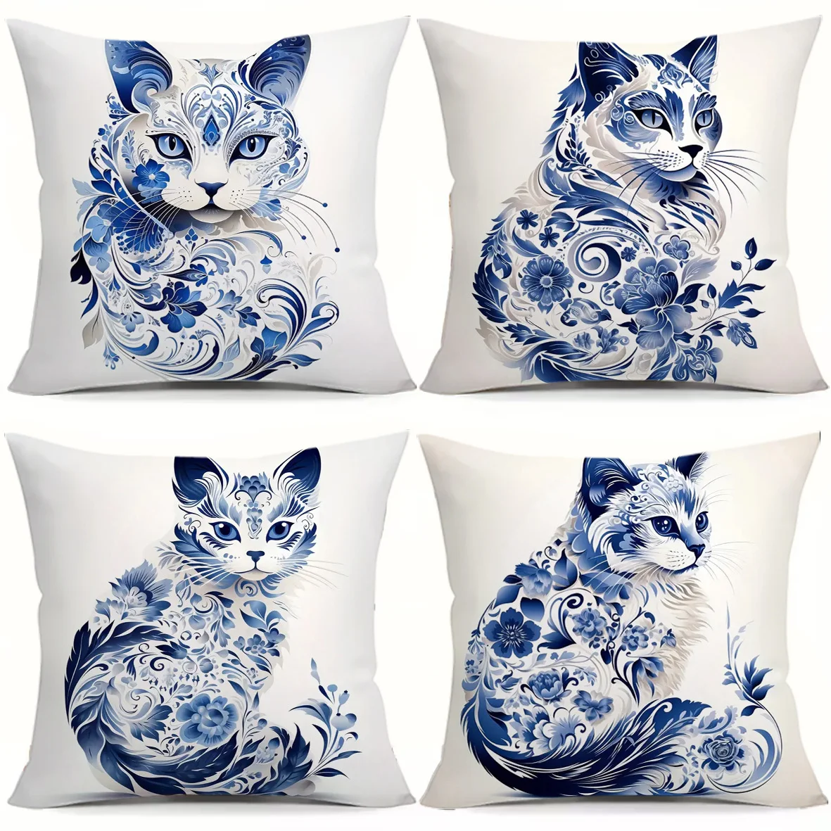 Blue and White Porcelain Cat digital printing pillow cover Short plush Suitable living rooms bedrooms sofas throw cushion cover