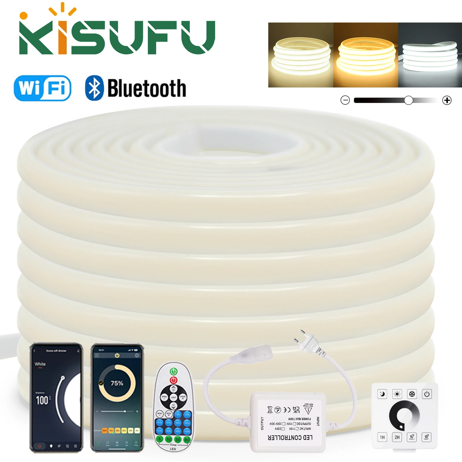 220V WIFI Bluetooth COB LED Neon Strip Light Dimmable Waterproof  Wall Touch Kit 288LED/M High Bright Indoor Outdoor Decor 1-35M