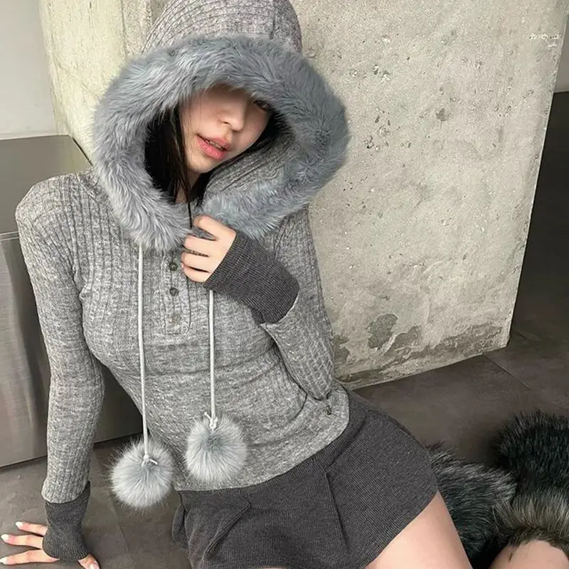 Retro Hooded Sweater Sweet Fur Ball Stitching Twist Buttons Slim Fit Hot Girl Y2k Woolen Top