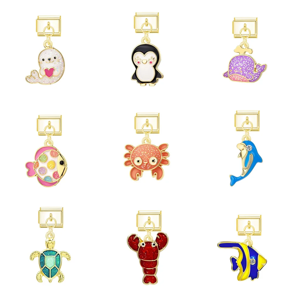 

Marine Animal Series Drip Oil Pendant fit 9mm Italian Modular Bracelet Woman Men DIY Assembly Removable Watch Band Accessories