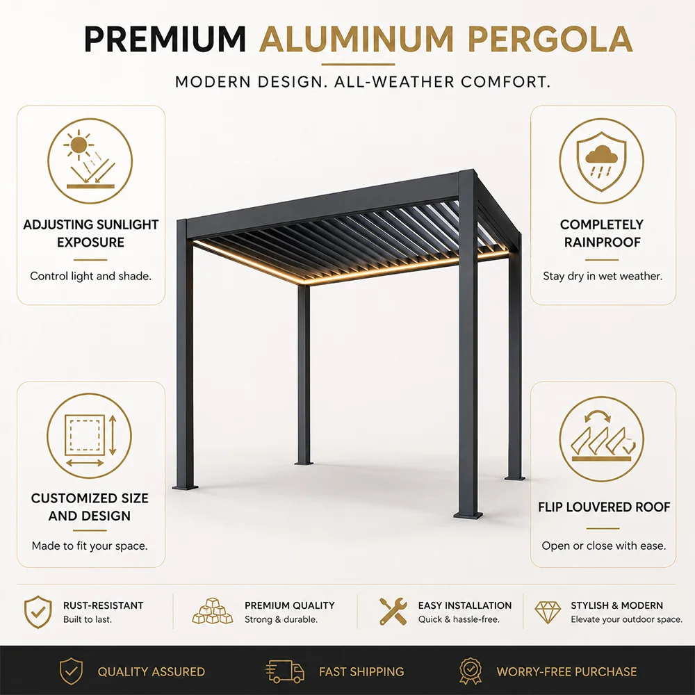 Bioclimatic Aluminum Motorized Louvered Pergola Waterproof Electric Gazebo Patio Garden Sunshade Glass Sliding Roof Custom