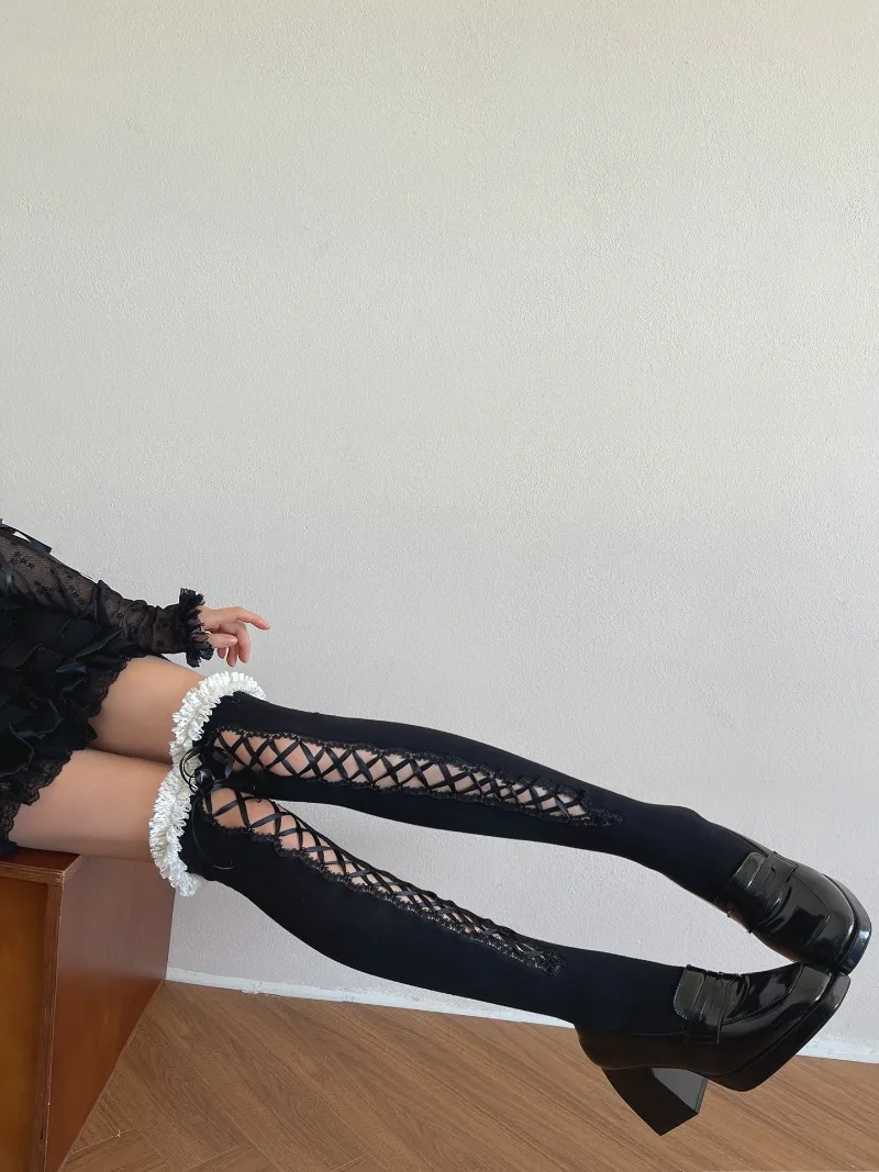 Japanese Subculture Y2K Hot Girl Ballet Style Socks Lace-up Wool Lace Lolita Over-the-knee Stockings For Women's Kawaii Hosiery
