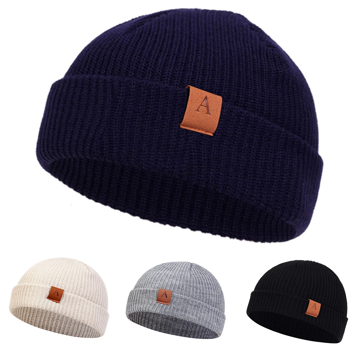 Unisex A Letter Leather Label Beanies Hats Autumn and Winter Warm Knitted Hat Hip Hop Boy Girls Caps