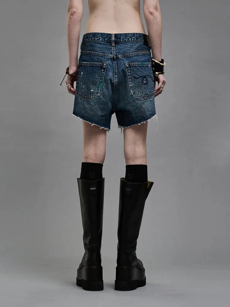 pants y2k spring and summer ink dot graffiti do old burlap asymmetric Denim shorts2024korean fashion high waist casual shorts