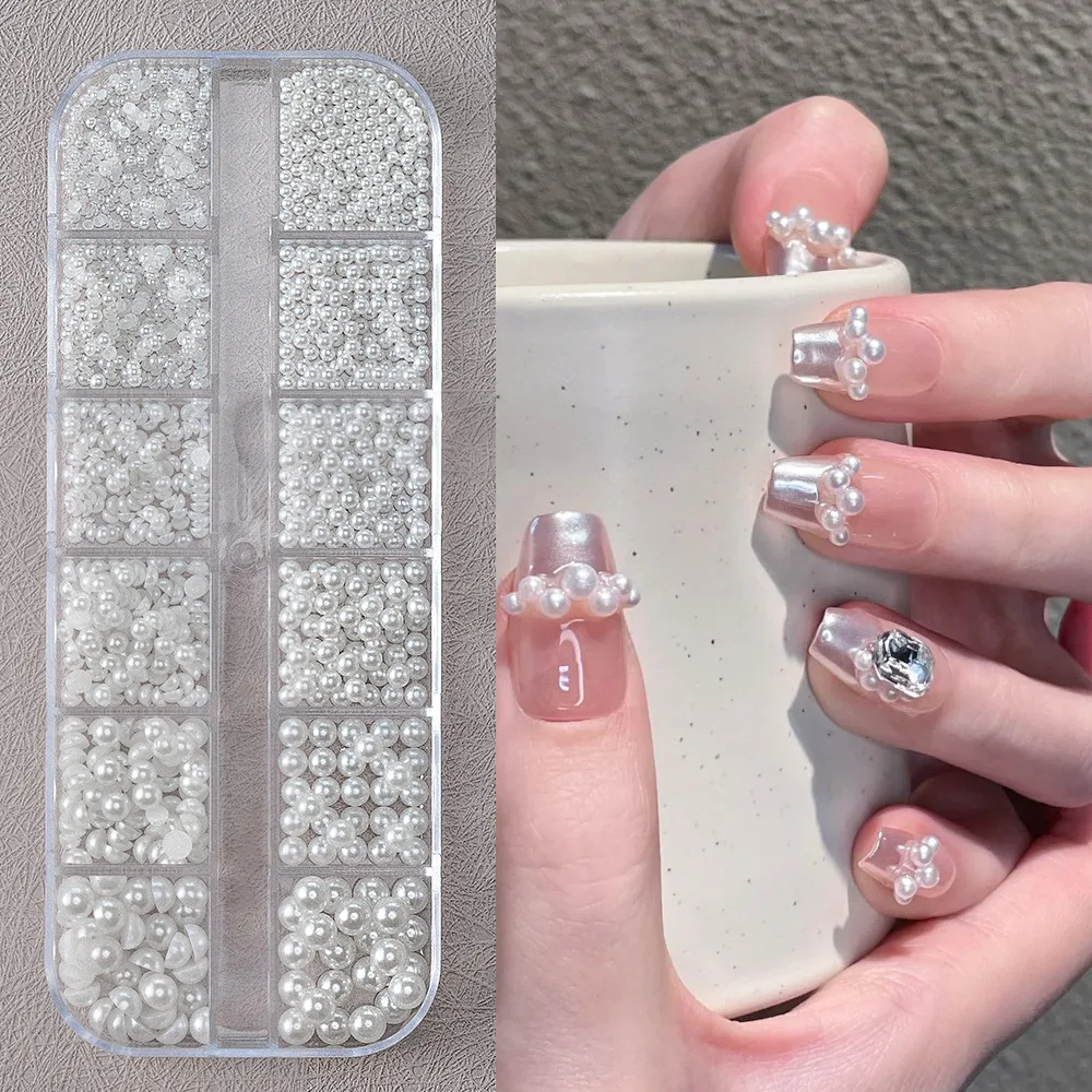 12Grids 3D Mixed White Pearls Nail Charms 0.15-0.5mm Round/Semicircle Pearl Beads Nail Art Rhinestones DIY Manicure Accessories