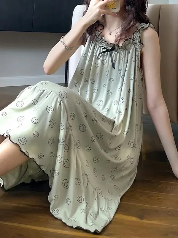 

Sweet Summer Style plus Size Sleepwear Women's Sleeveless Gown Cartoon Print Casual Home Clothes Thin Material round Neck