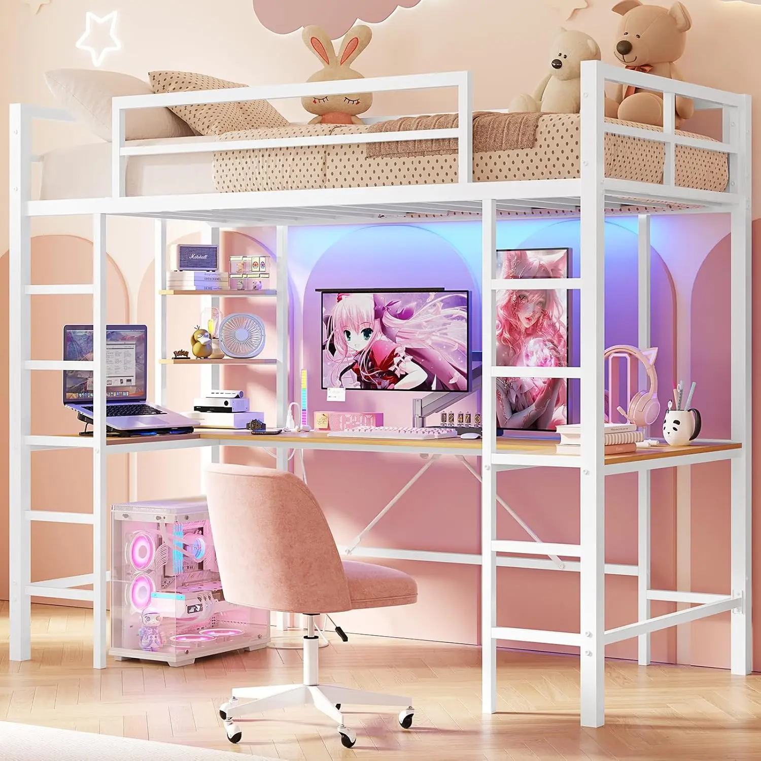 

Двухъярусная кровать Twin Size с рабочим столом, U-образная, с прочным металлическим каркасом и встроенной зарядной станцией, RGB LED-подсветка с управлением через приложение, настраиваемая