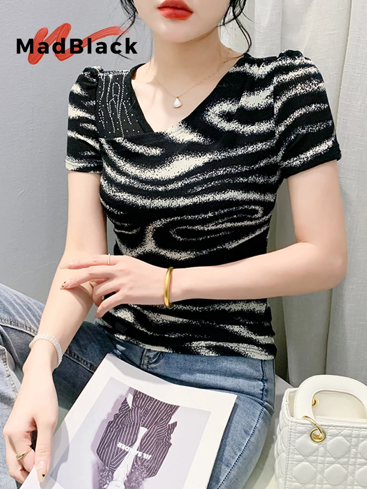 MadBlack European Clothes T-Shirt Women Sexy Slant Collar Diamonds Zebra Print Slim Tops Short Sleeve Tees Summer T443130JC