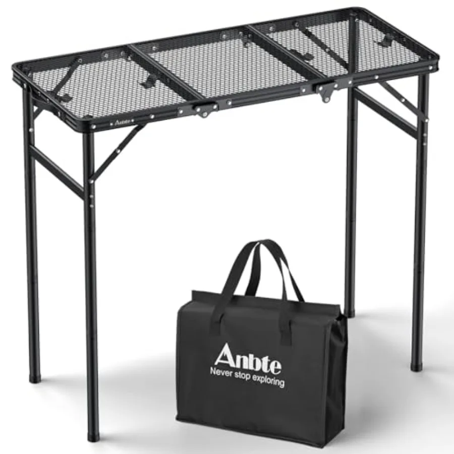 

Outdoor BBQ grill table, metal, black, 3-feet tri-fold design with 2 adjustable heights up to 29.5, heat-resistant tabletop, po