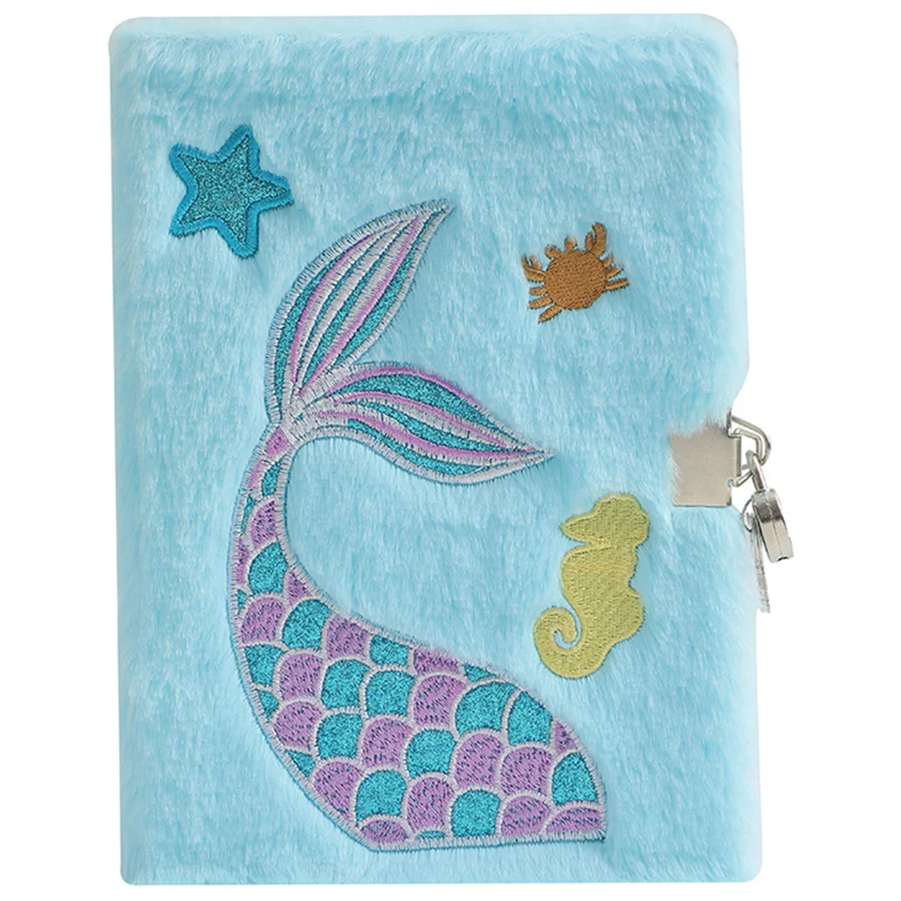 

Plush Notebook Girl Cartoon Locked Mermaid Tail Diary Pads Journal Blue Paper Notes