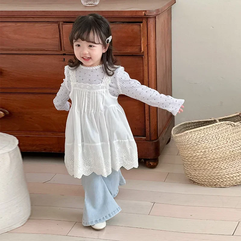 

Baby Girls Dress 2025 Spring New Sweet Fashion Lace Suspender Dress Children White Lace Strap Long Dress