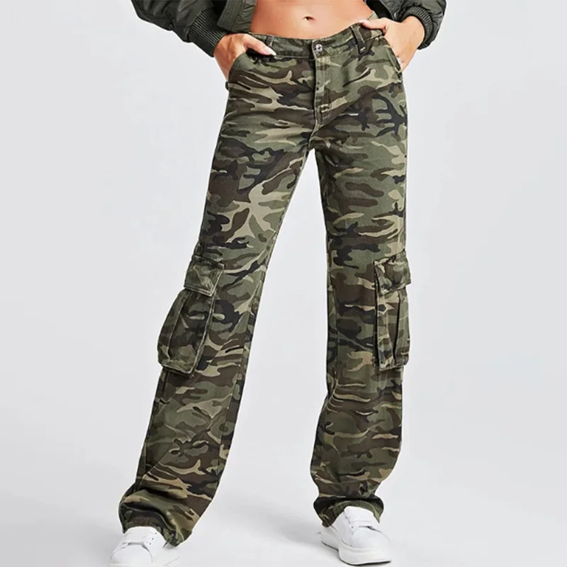 

Women's Camo Print Cargo Jeans High Waist Wide Leg Denim Army Pants