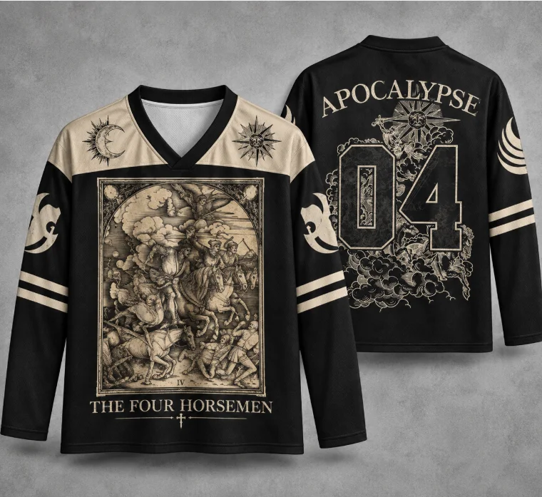 The Four Horsemen Apocalypse Long Sleeve Hockey Jersey Black Beige V Neck Vintage Woodcut Print Unisex Gothic Streetwear