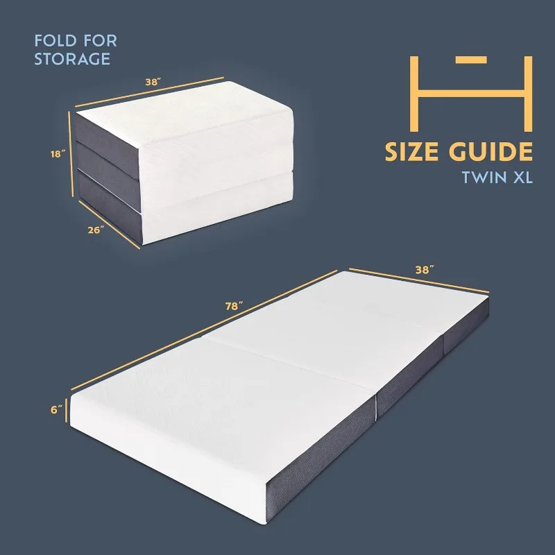 Luxury 6” Memory Foam Trifold Mattress | Twin XL, Portable Space Saver, Firm, CertiPUR-US Certified | Washable Jacquard