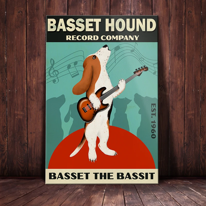 Basset Hound Record Company Poster Metal Tin Sign, Retro Bar People Cave Cafe Family Room Fence Yard Bar Garage Home Wall Decor