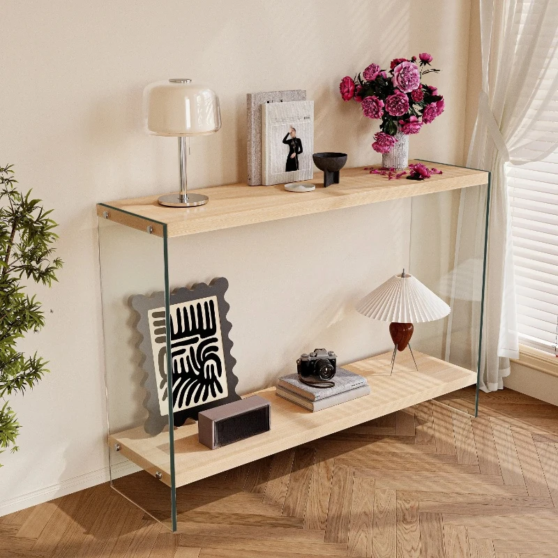 Console Entry Table Wood-finish Tempered Glass Legs Sofa Side Storage Table for Living Room Hallways