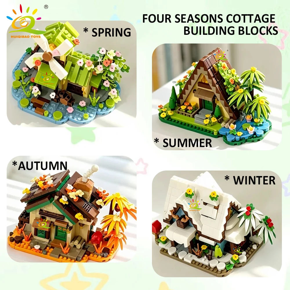 HUIQIBAO Mini  Four Seasons Cottage Building Blocks Forest Cabin House Set Model DIY Assembly Bricks Toy Creative Desktop Adult