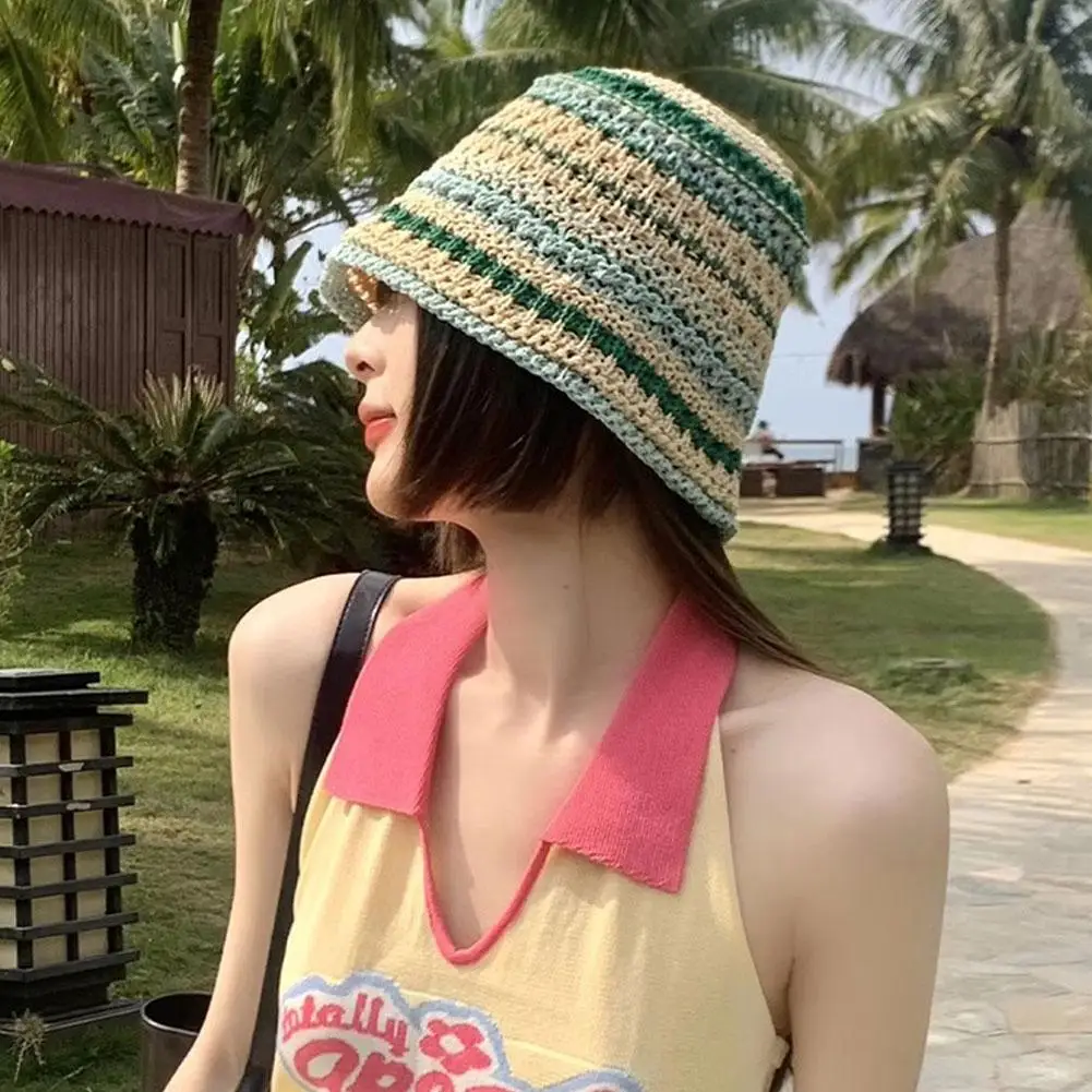 Summer Colorful Woven Buket Hat INS Japanese Women Sweet Straw Hat Trendy Hollow Beach Knitted Sun Hat All-match Fisherman Cap