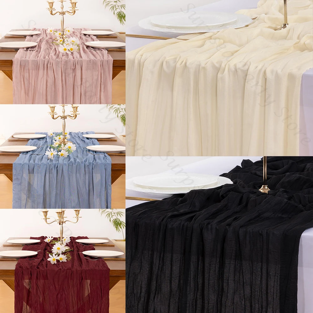 Beige Black Table Runner Boho Rustic Gauze Cheesecloth Pink Blue Table Runner Graduation Birthday Party Bridal Shower Decoration