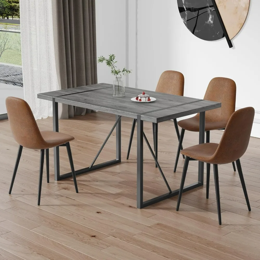 

Rustic Dining Room Table Set for 4 People, Farmhouse Modern 55 Inch Rectangle Gray Wood Dining Table with Fabric Chairs Set