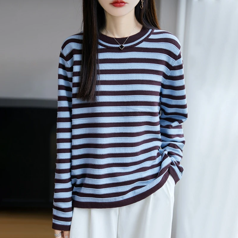 الخريف والشتاء المرأة الجديدة 100% القطن الخالص سترة مخططة عادية محبوك س الرقبة البلوز فضفاضة وعصرية المرأة #1