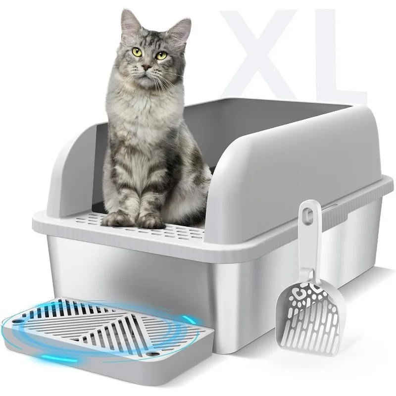 

Enclosed Stainless Steel Cat Litter Box with Lid Extra Large Litter Box for Big Cats XL Metal Litter Pan Tray with High Wall