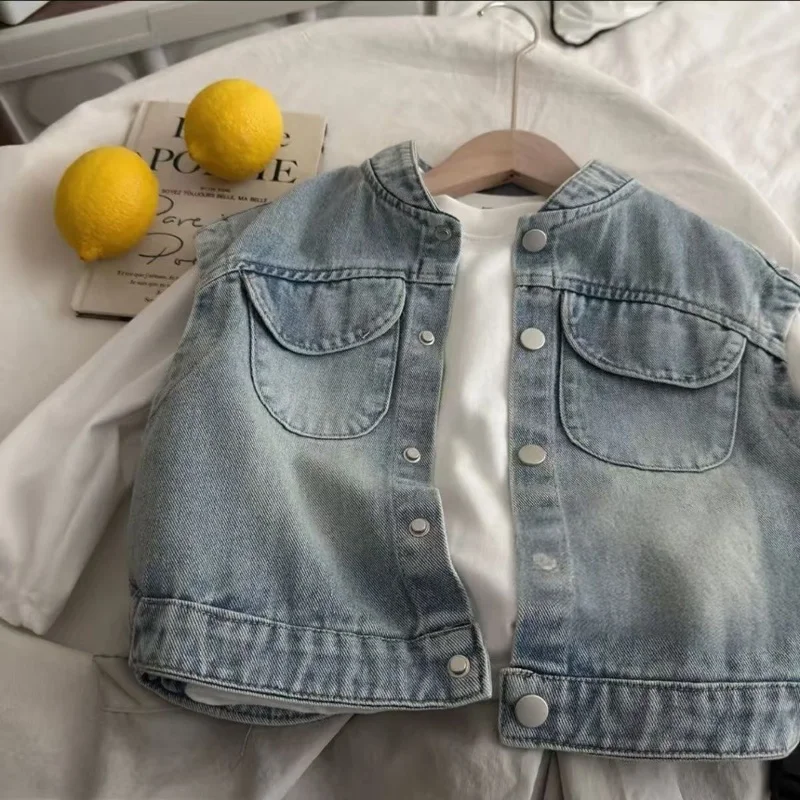 

Children's Denim Vest Top For Spring and Autumn New Style Single Breasted Fashion Stand up Collar Boys Jacket for Outerwear