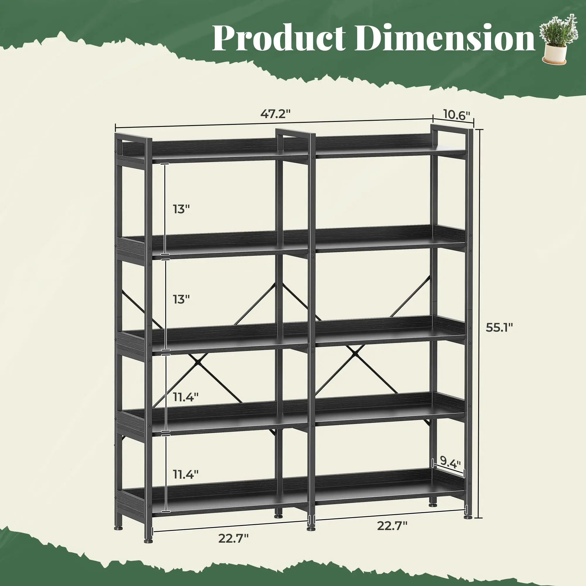 5 Tier Bookshelf with 10 Open Shelves and Raised Baffle, Black