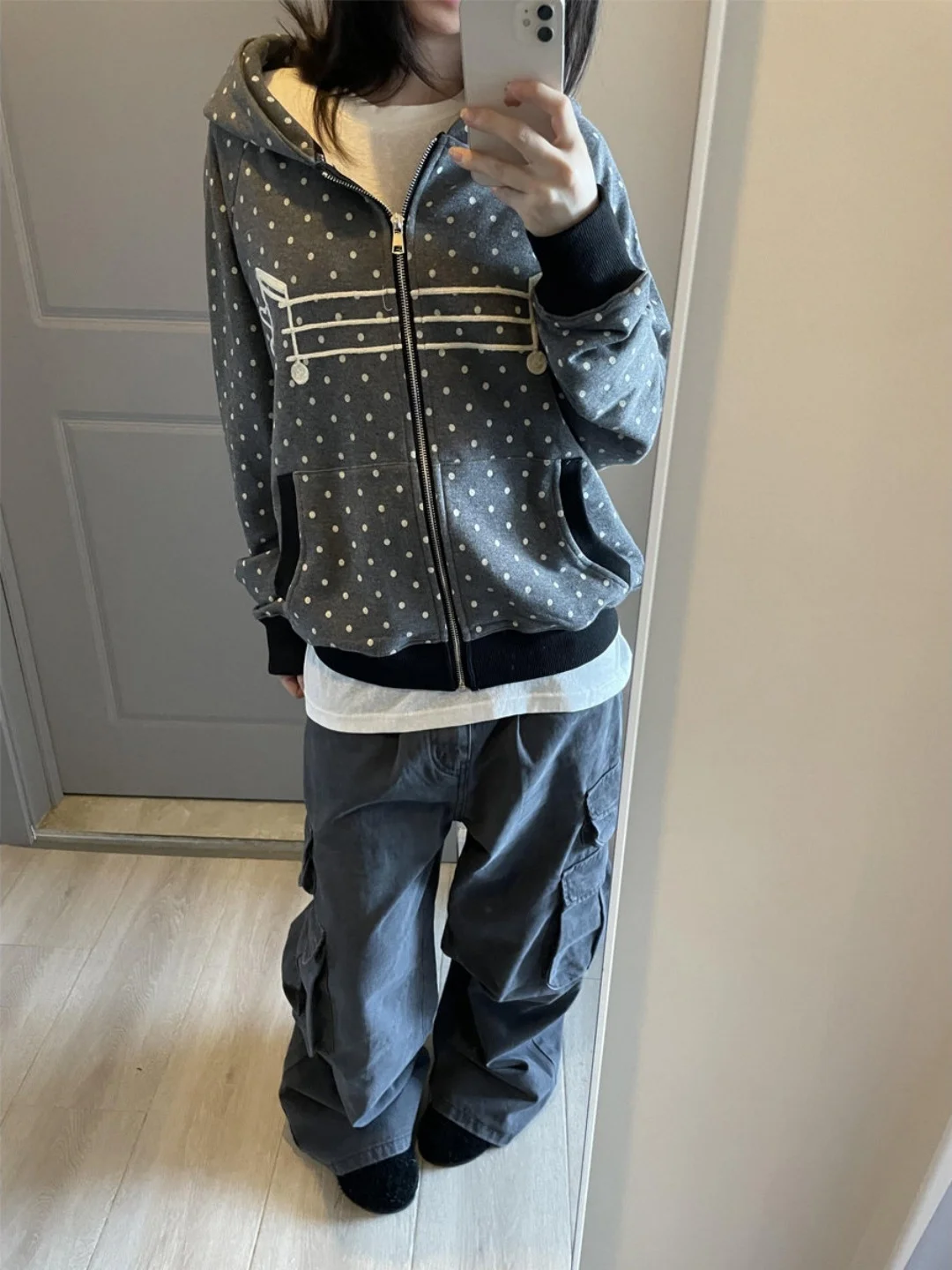 Korean Style Girl Note Embroidery Polka Dot Hoodie Women Spring Autumn Loose Zipper Open Cardigan Jacket Casual Comfortable