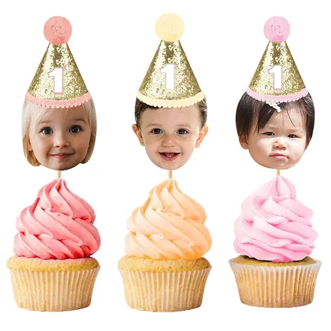 6/12/24pcs Custom Birthday Party Face Photo Cupcake Topper glitter Birthday Hat Design Cake Topper kids 1st Birthday party decor