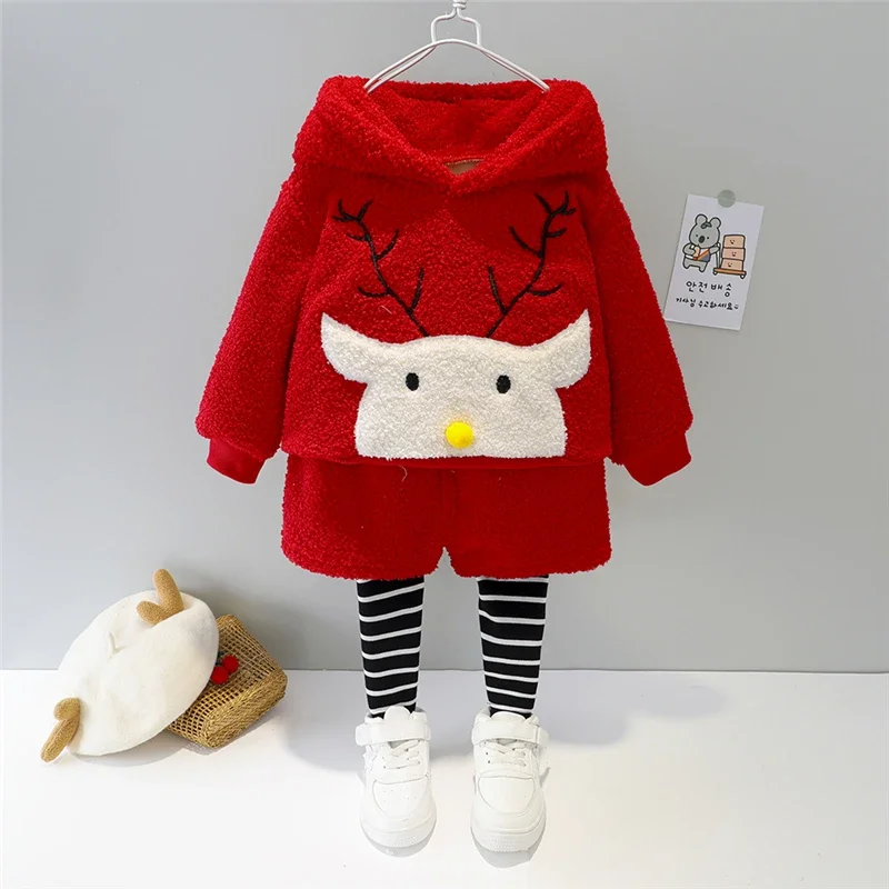 

Winter Children Clothing Sets Cartoon Deer Girls Hooded Thickened Plush Sweater Pants Baby Warm Outdoor Clothes Kids Outfits